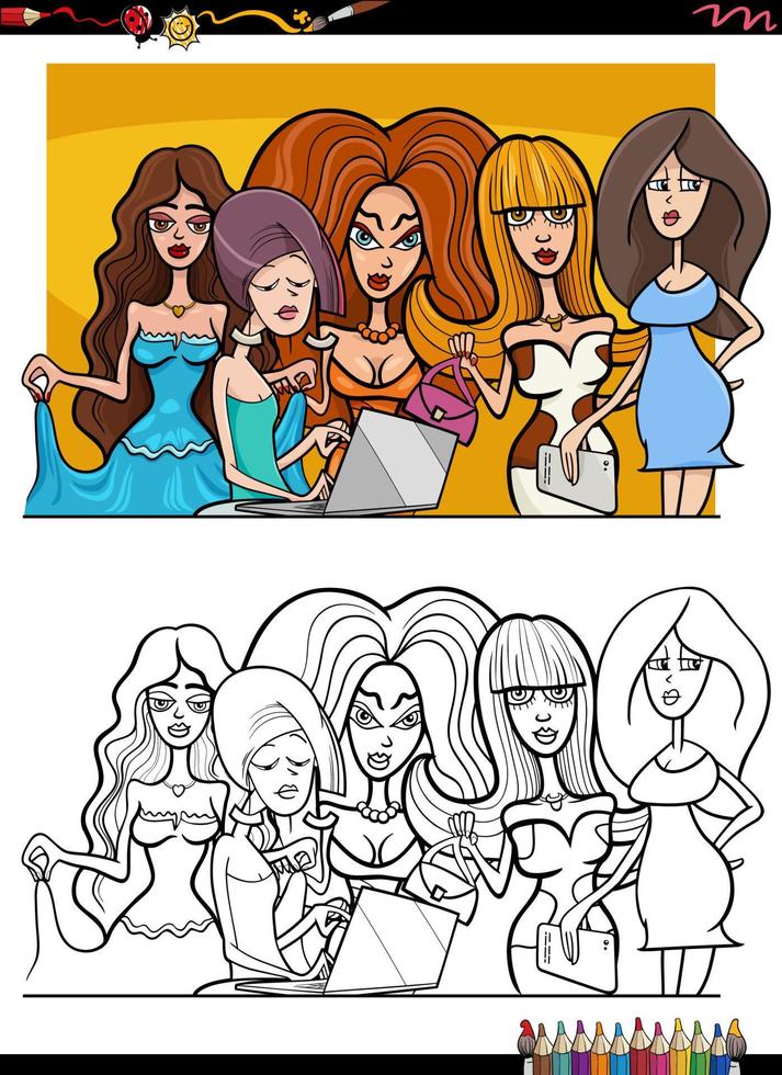 desenho de grupo de mulheres bonitas em quadrinhos para colorir vetor