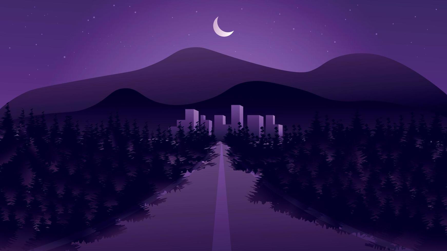 ilustração de estrada noturna com uma floresta e uma cidade vetor