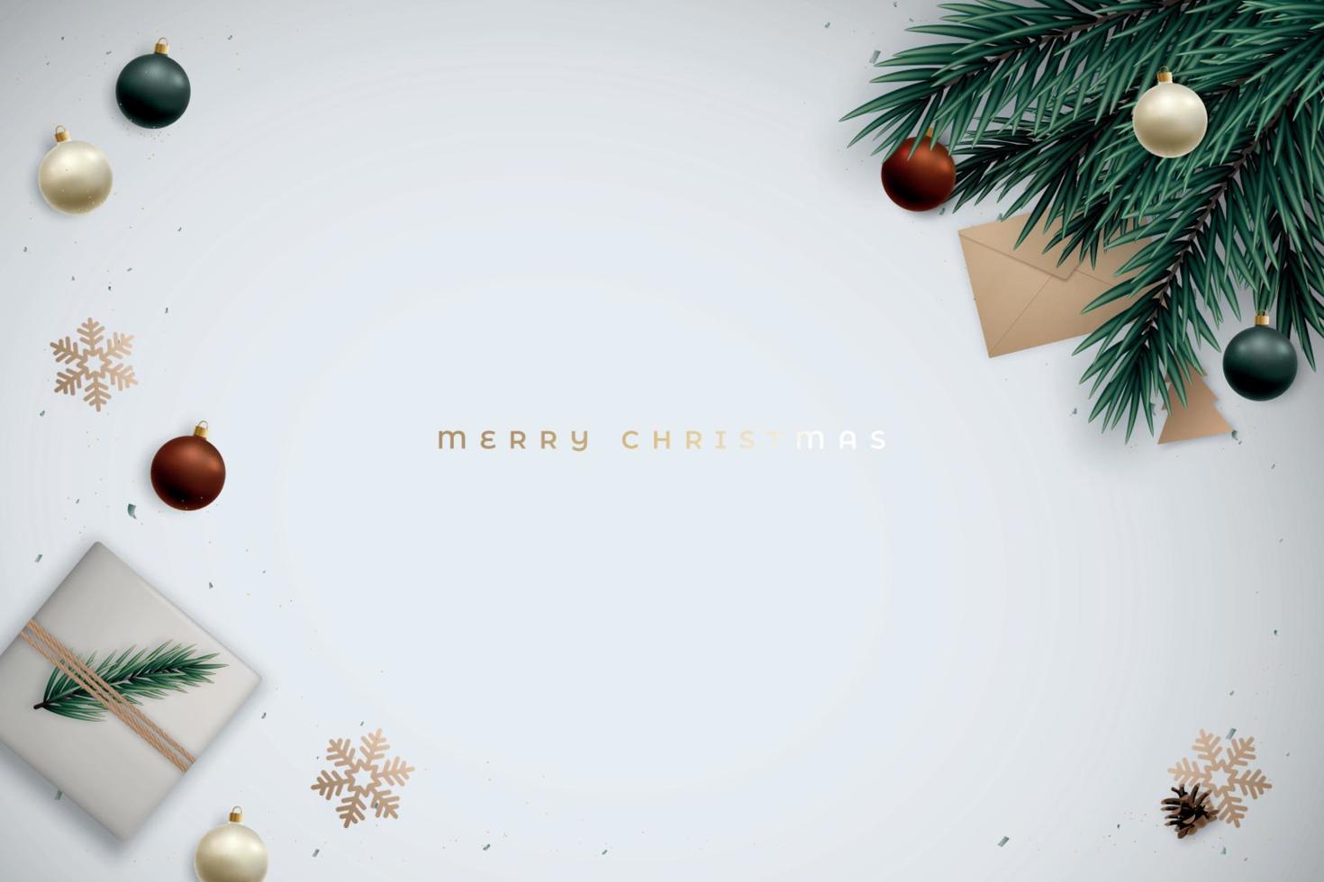 banner festivo minimalista com ramos de abeto realistas, caixa de presente, enfeites brilhantes, flocos de neve dourados e espaço para texto. vetor