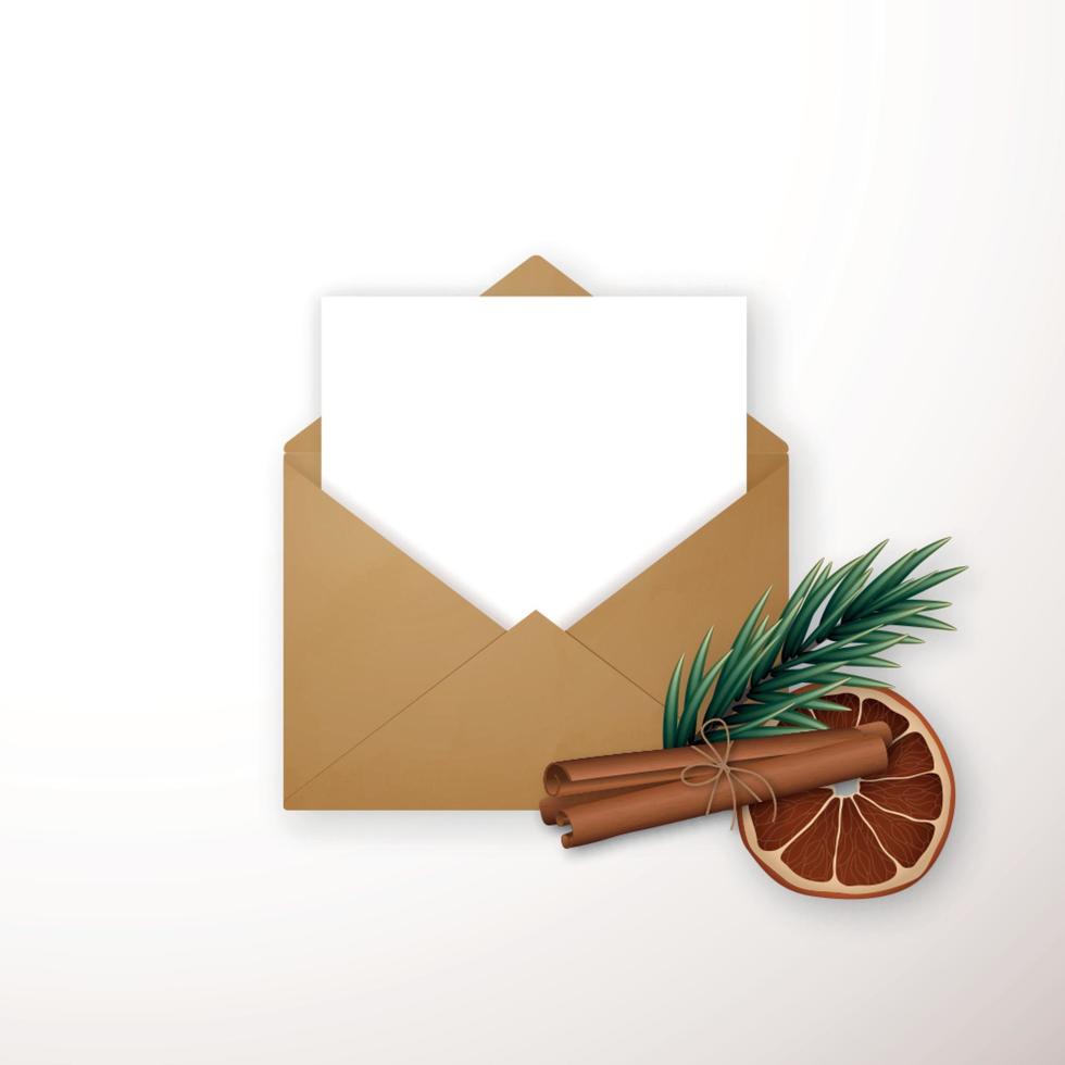 envelope de artesanato realista com galho de árvore de abeto de decoração de inverno, canela, fatia de laranja. vetor