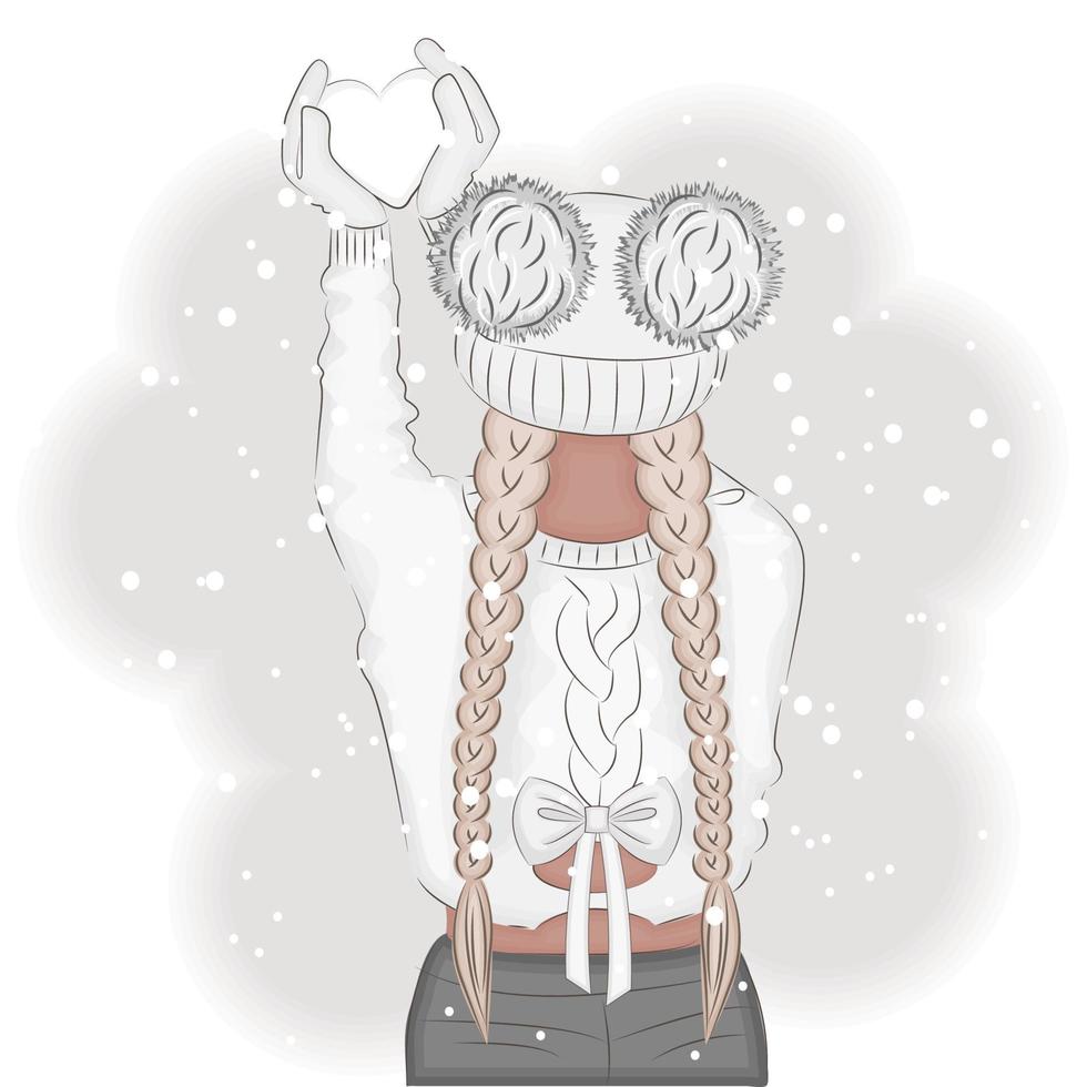 garota de inverno segurando uma bola de neve, ilustração vetorial de moda vetor