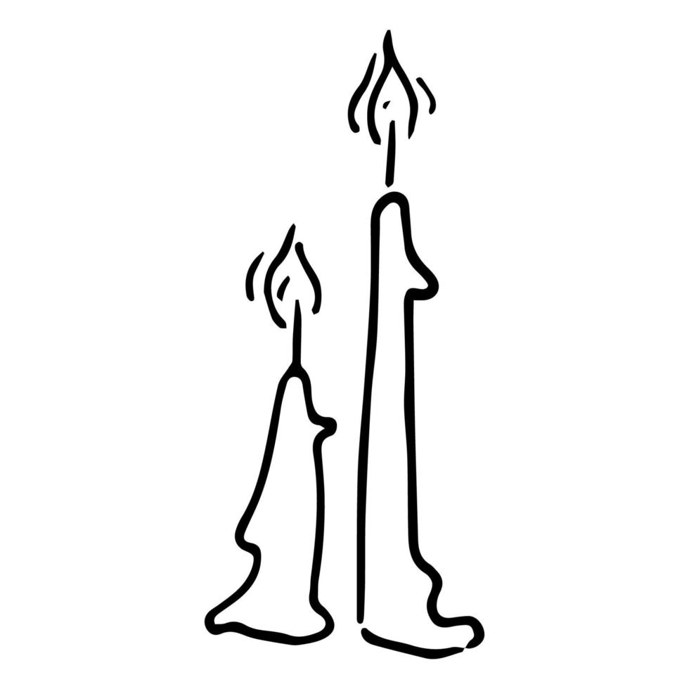 duas velas desenhadas à mão com cera pingando. ilustração vetorial para natal, aniversário ou outra celebração. clipart de doodle preto e branco. vetor