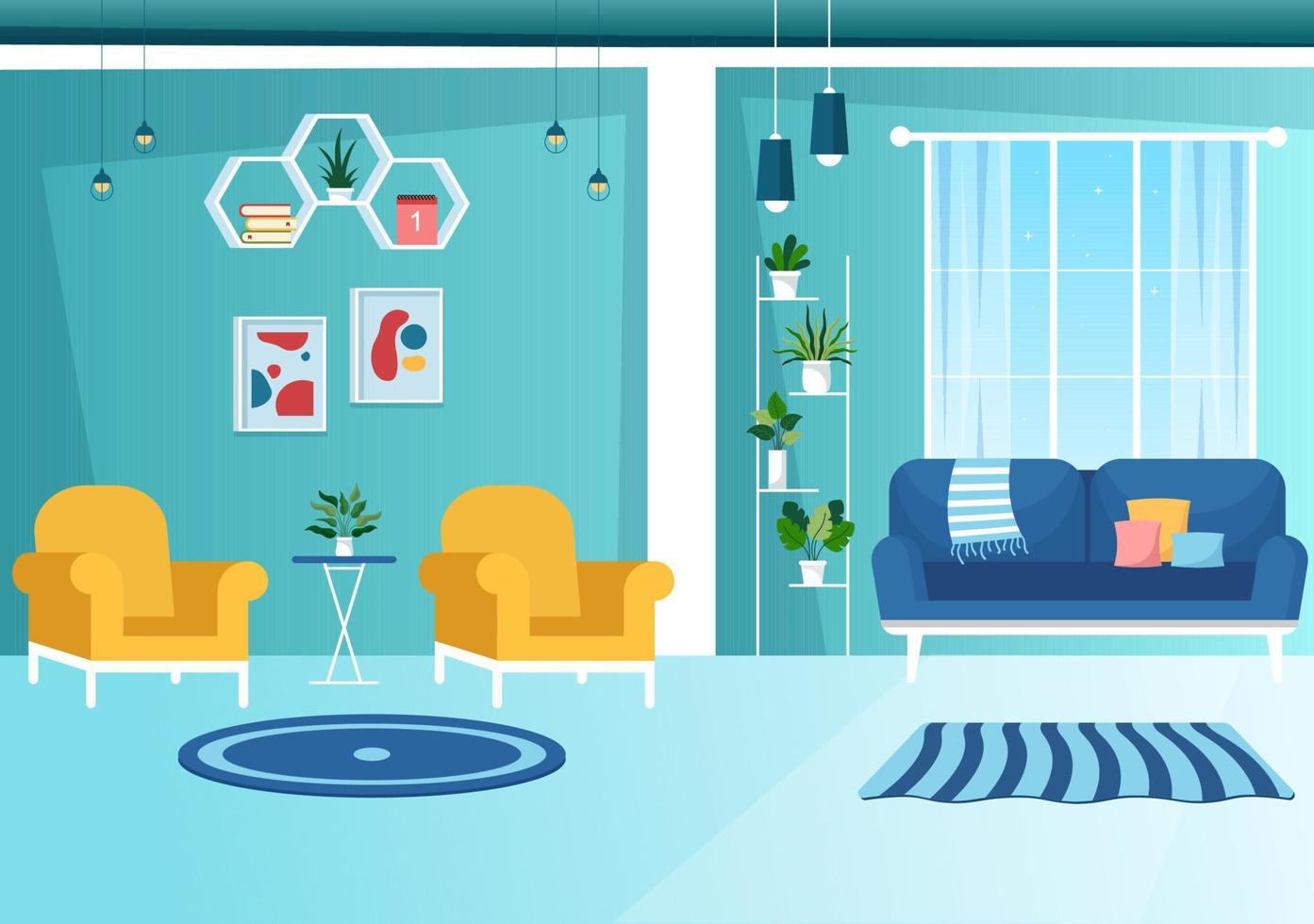 modelo de decoração para casa ilustração de desenhos animados desenhados à mão o conjunto de móveis e interior da sala de estar em design de estilo simples vetor