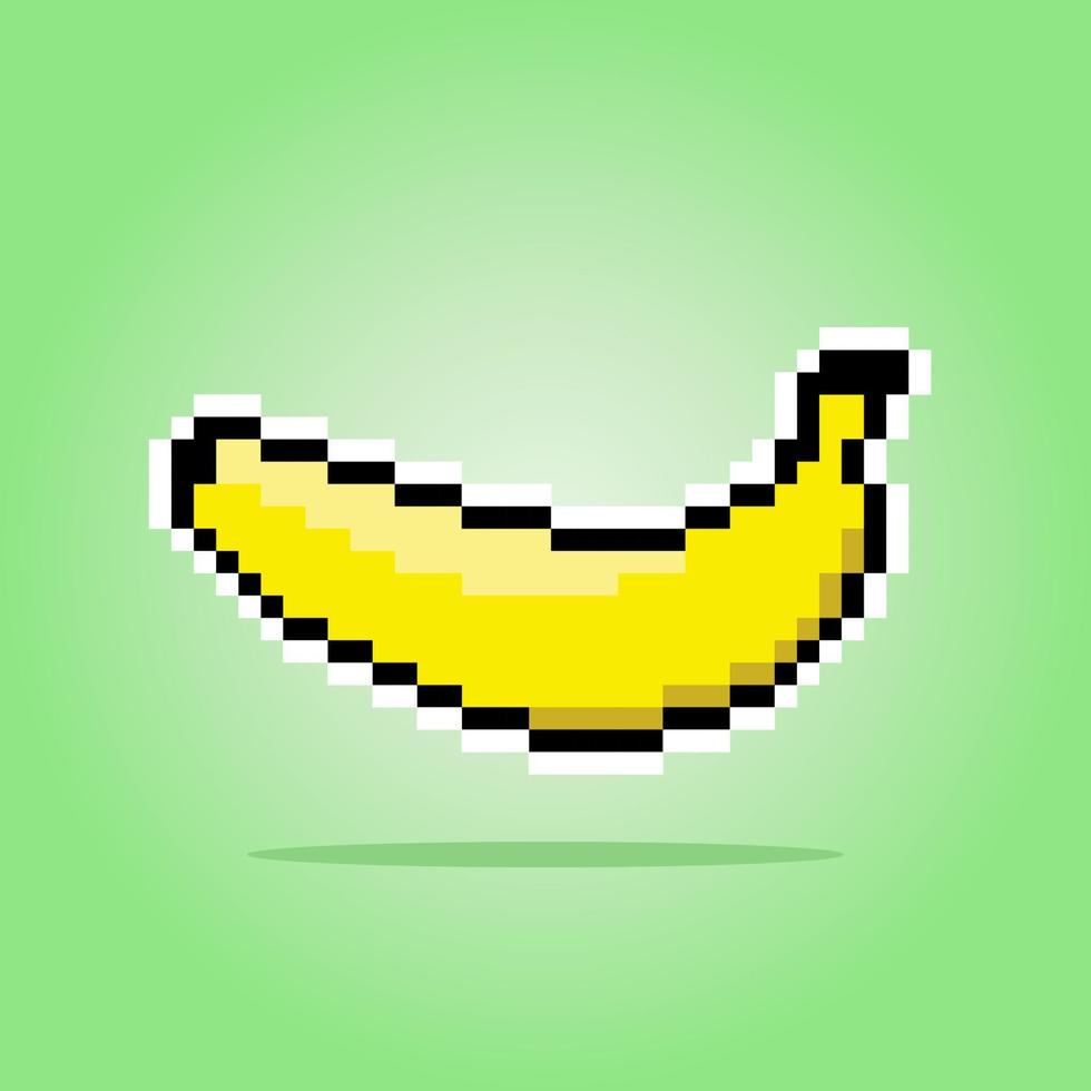 Banana de pixel de 8 bits. frutas na ilustração do vetor de ativos de jogo de 8 bits.