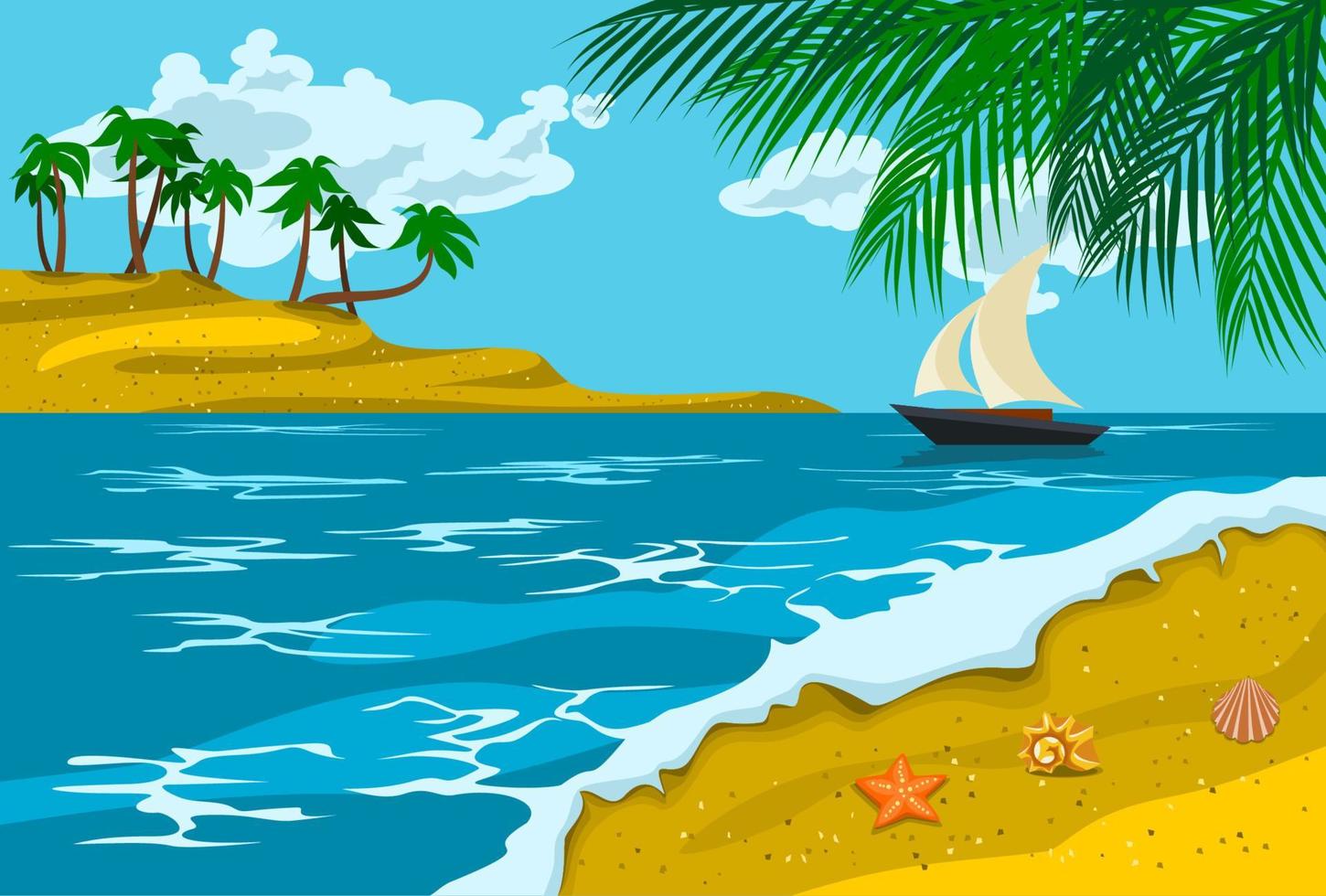 panorama de paisagem de praia de verão detalhado editável com ilustração vetorial de navio e ilha para férias ou verão temático sazonal e projeto de livro infantil vetor