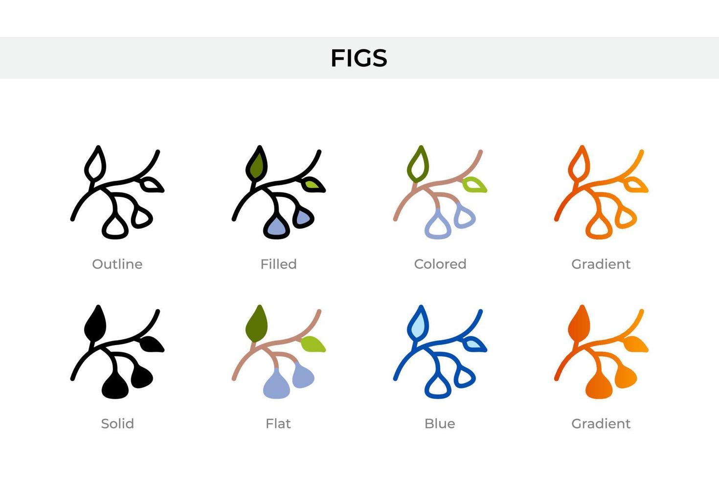 ícone de figos em estilo diferente. figos vetoriais ícones projetados em estilo de contorno, sólido, colorido, preenchido, gradiente e plano. símbolo, ilustração do logotipo. ilustração vetorial vetor