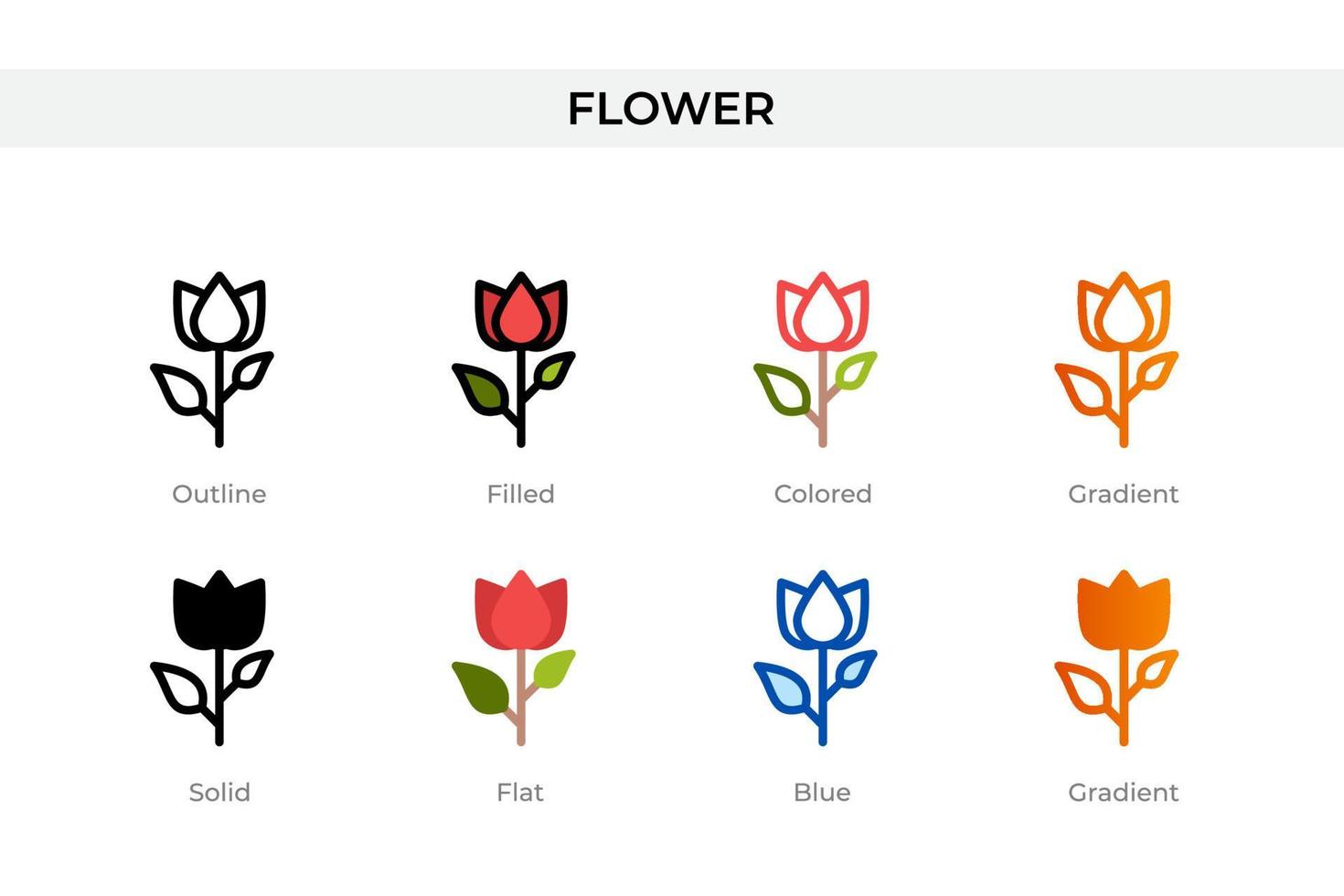 ícone de flor em estilo diferente. ícones de vetor de flores projetados em estilo de contorno, sólido, colorido, preenchido, gradiente e plano. símbolo, ilustração do logotipo. ilustração vetorial