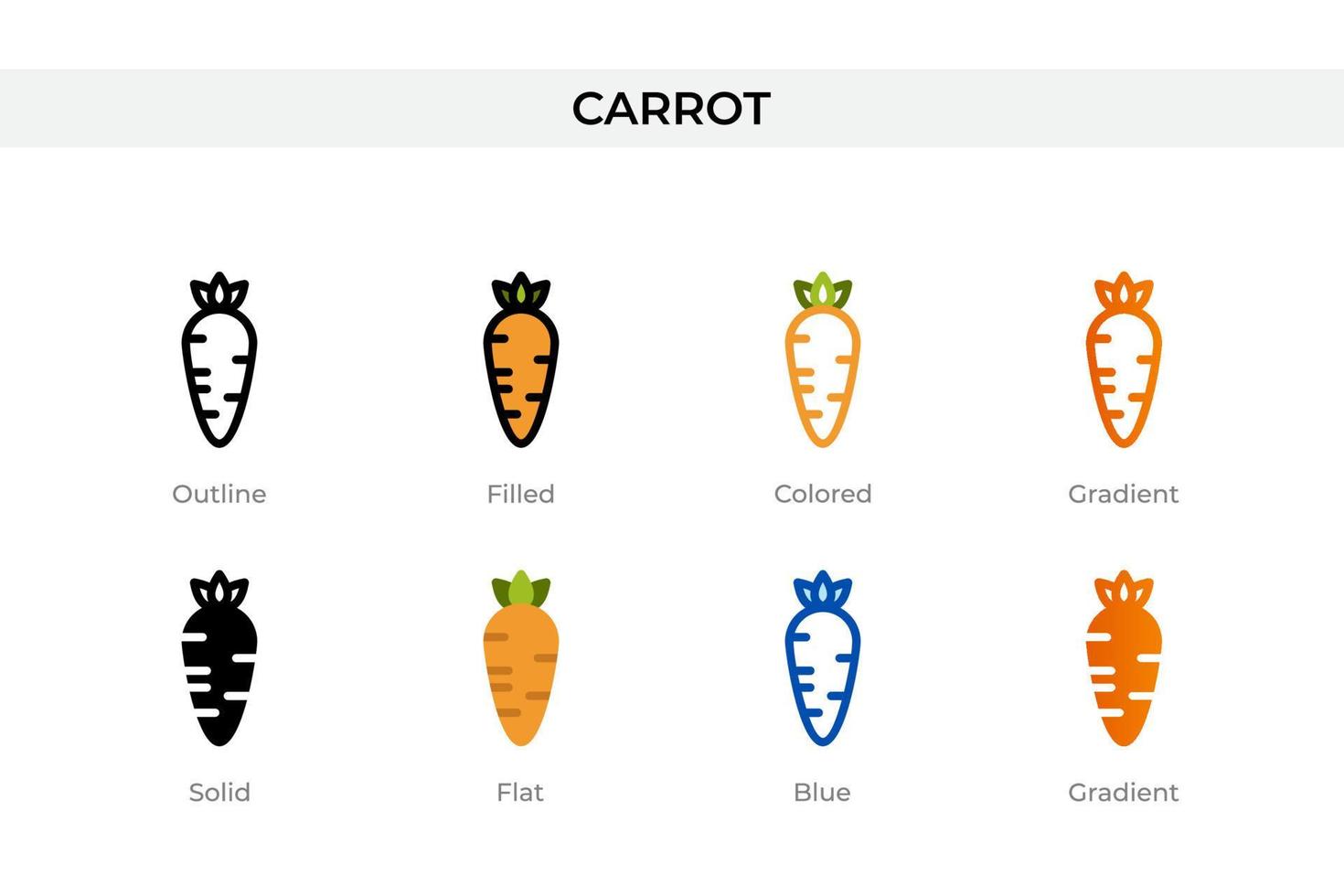 ícone de cenoura em estilo diferente. ícones de vetor de cenoura projetados em estilo de contorno, sólido, colorido, preenchido, gradiente e plano. símbolo, ilustração do logotipo. ilustração vetorial