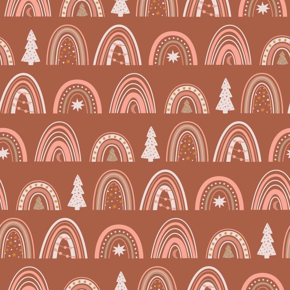 padrão de arco-íris de natal. ilustração pastel dos arco-íris do bebê boho inverno férias design gráfico. fundo sem emenda decorativo de arco-íris festivo de ano novo. papel de parede infantil de natal de vetor. vetor