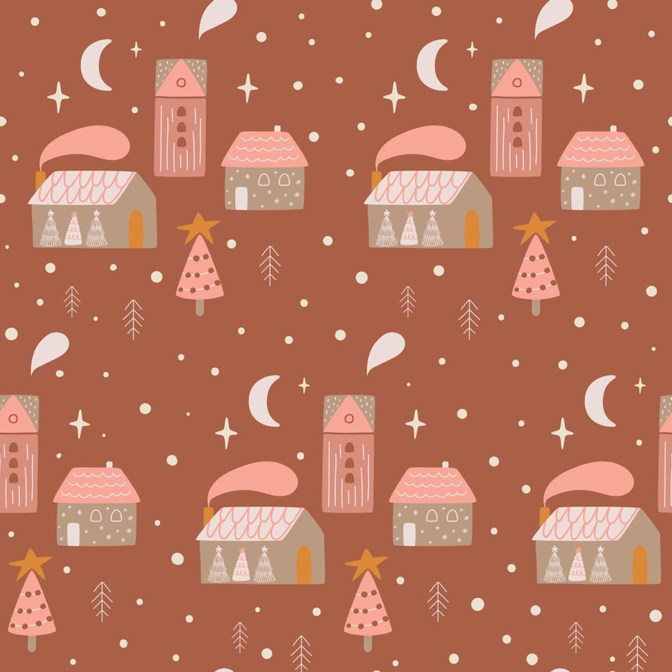 casas de campo de natal rosa. vila de natal à noite. cena de natal ao ar livre. ilustrações de vila de inverno. padrão sem emenda de Natal. vector design de papel de parede de estrelas de lua de casa de inverno mágico