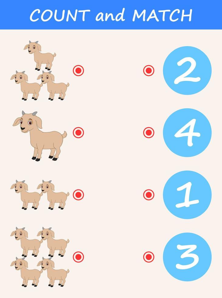 contar e combinar desenhos animados de cabra. jogo educativo de matemática para crianças vetor