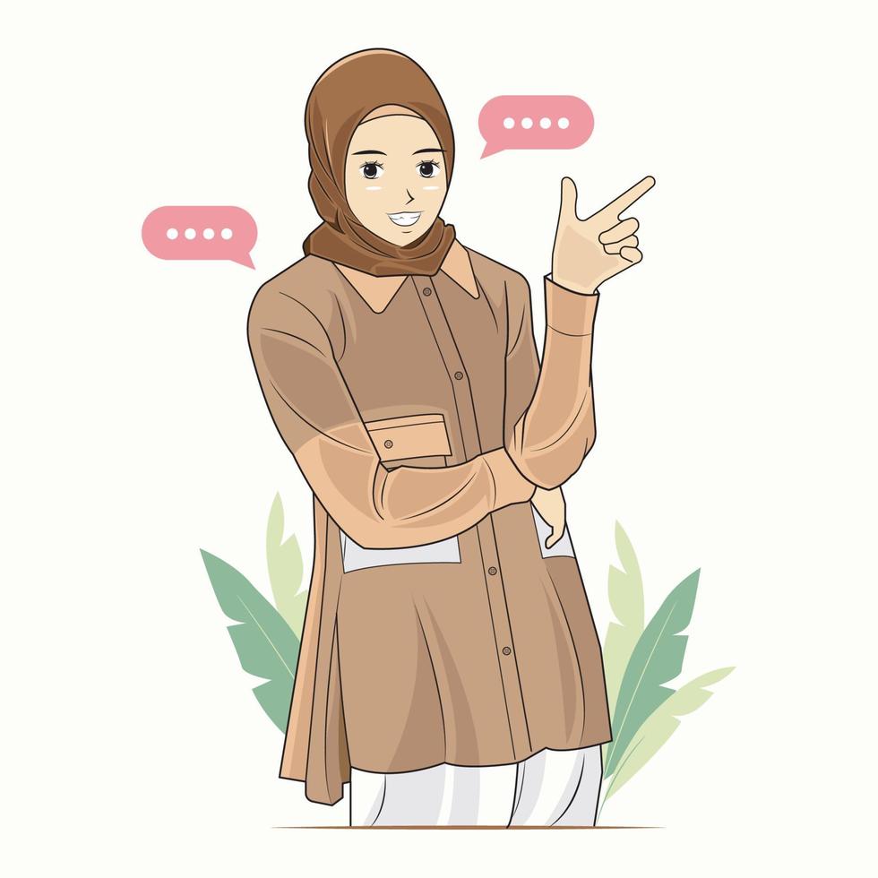 empresária muçulmana vestindo hijab está sorrindo mostrando algo ilustração vetorial download grátis vetor