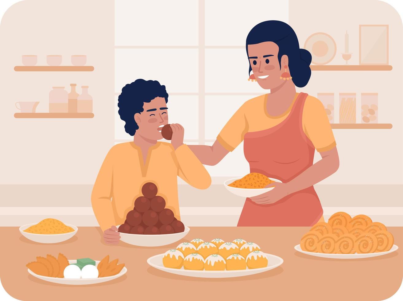 comendo doces durante diwali 2d ilustração vetorial isolado. mãe tratando filho com personagens planas de lanches no fundo dos desenhos animados. cena editável colorida para celular, site, apresentação vetor