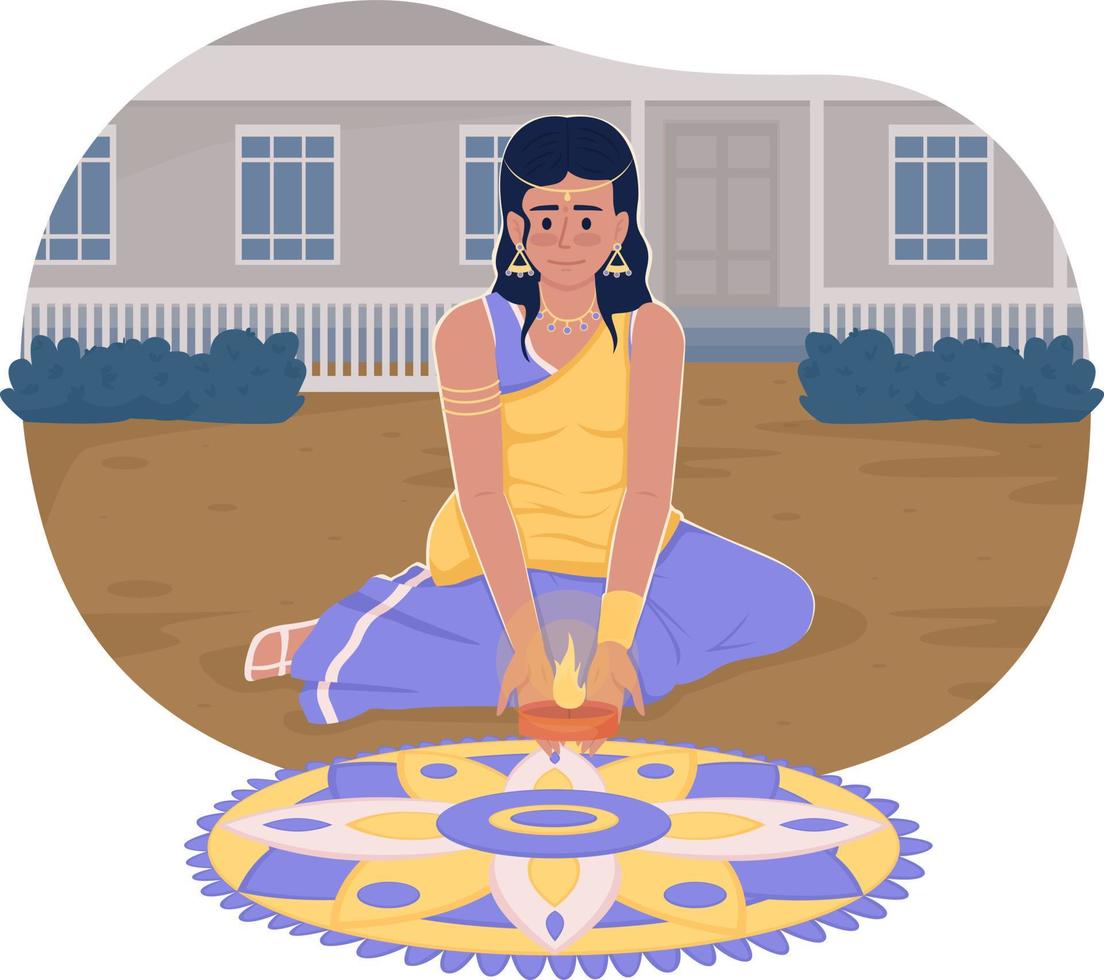 costume indiano na ilustração isolada em vetor deepavali 2d. garota diwali em sari colocando diya no personagem plano de rangoli no fundo dos desenhos animados. cena editável colorida para celular, site, apresentação