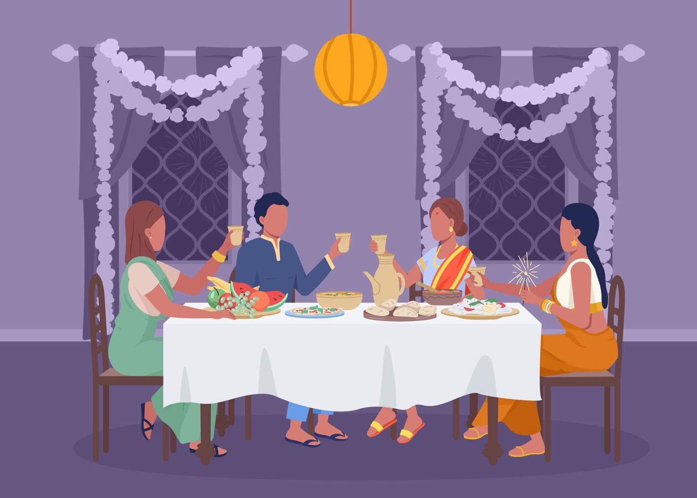 jantar festivo na ilustração vetorial de cor plana de diwali. amigos reunidos à mesa de férias. tradições indianas. personagens de desenhos animados simples 2d totalmente editáveis com sala decorada no fundo vetor