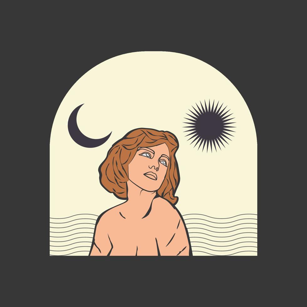 arte de linha retrô vintage mulher boho sol e lua fundo vetor