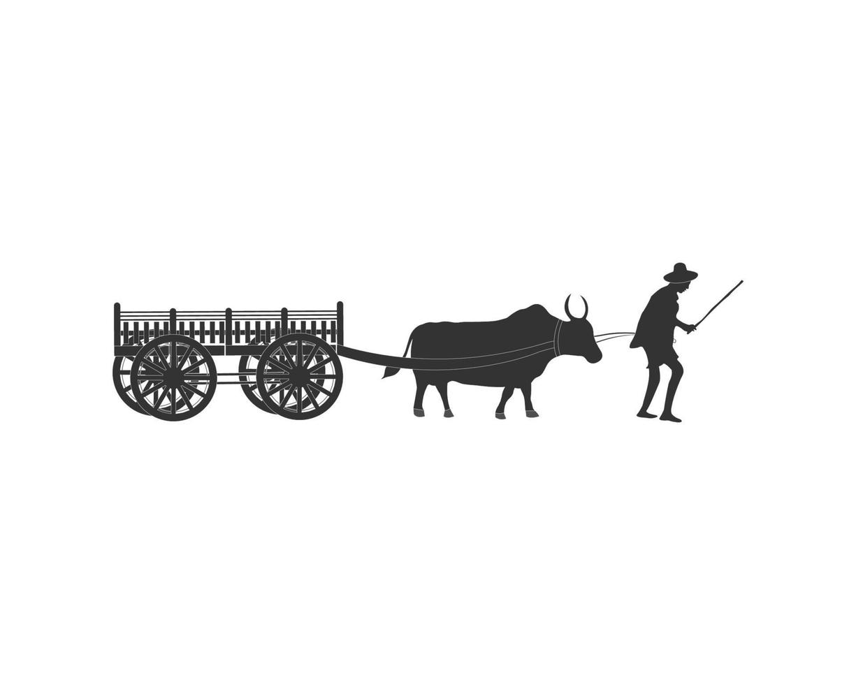 agricultor controlando o carrinho de madeira por bois maciços. conceito de design de transporte agrícola tradicional vetor