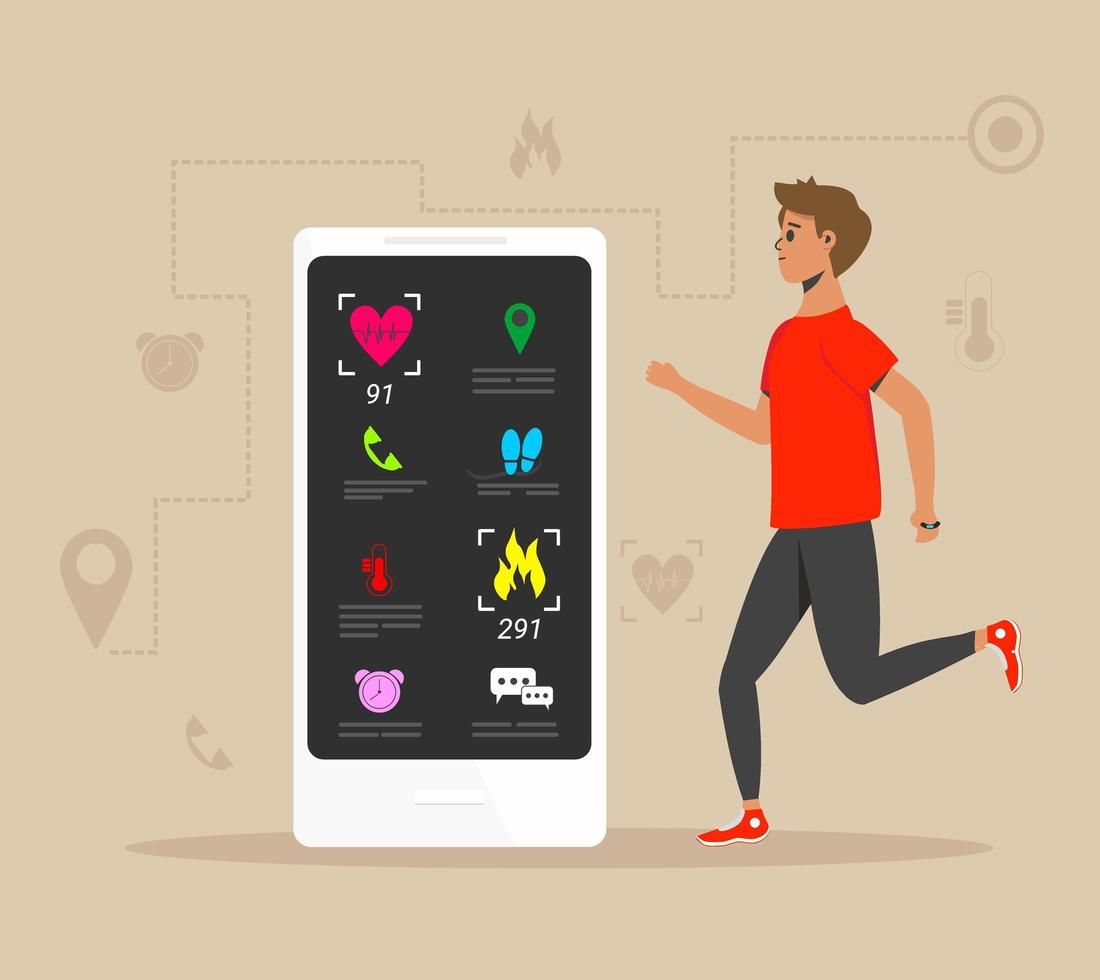 pulseira de fitness e atleta com aplicativo móvel vetor