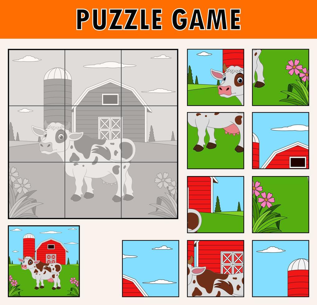 ilustração dos desenhos animados de quebra-cabeça educacional para crianças com animal de fazenda de vaca bonito vetor