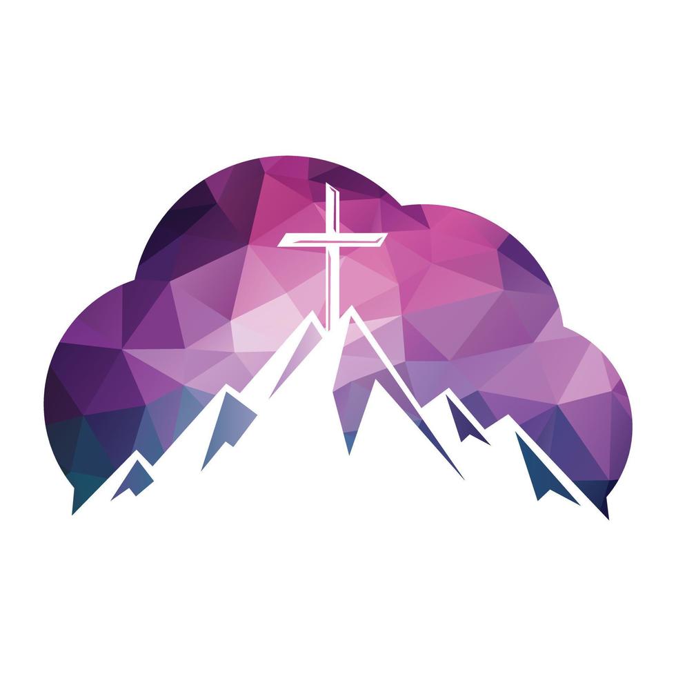 cruz batista no design do logotipo da montanha. cruz em cima do logotipo em forma de montanha e nuvem. logotipo da igreja e da organização cristã. vetor