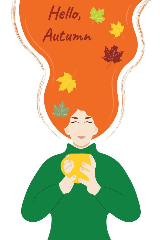 uma garota com longos cabelos ruivos em um suéter verde com um copo nas mãos, a inscrição olá outono, vetor plano, isolar em branco, folhas de outono, cores de outono