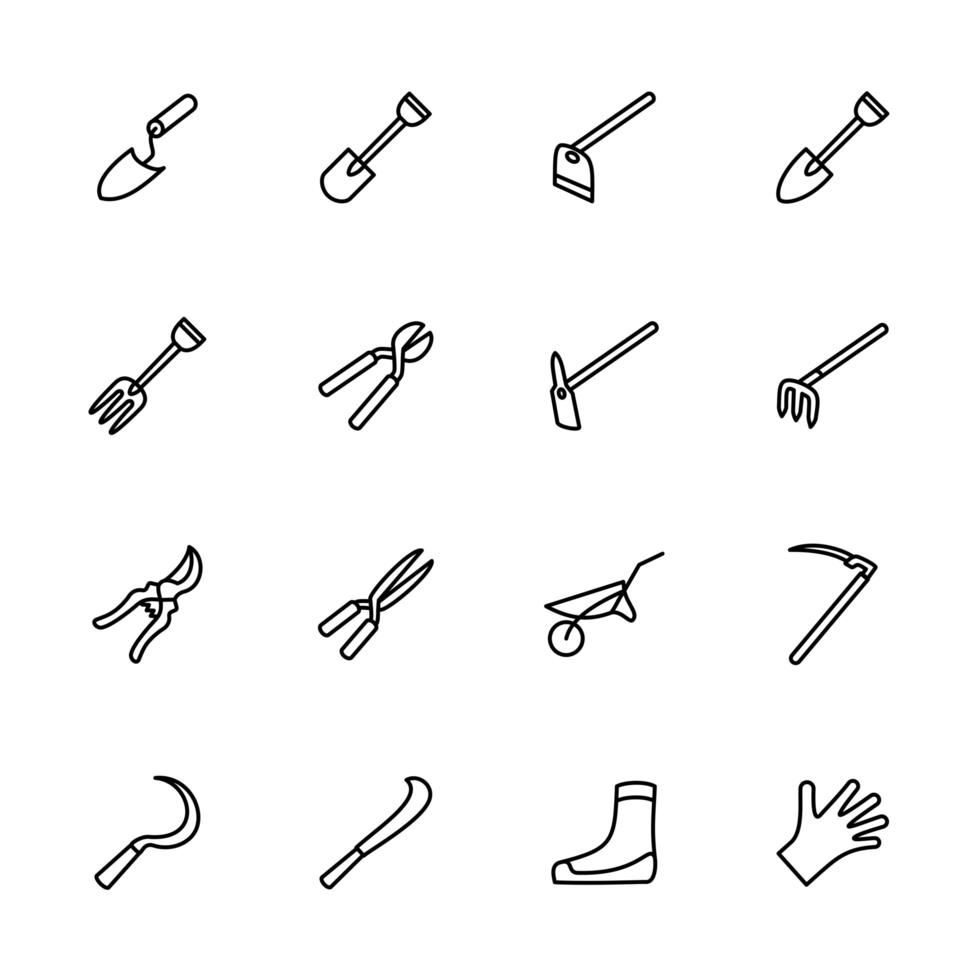 conjunto de ícones de linha de equipamentos de ferramentas de jardinagem vetor