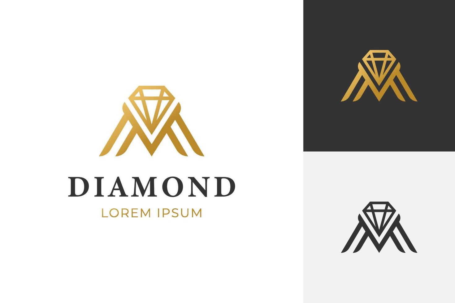 letra inicial m com logotipo de linha de diamante para elemento de vetor de símbolo de ícone de logotipo de joias douradas, logotipo de ícone de casamento