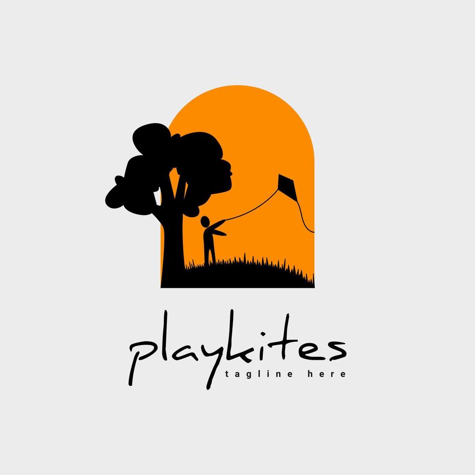 vetor de logotipo de pipa com ilustração de pessoas se abrigando debaixo de uma árvore jogando pipas à tarde, design de logotipo de silhueta jogando pipas