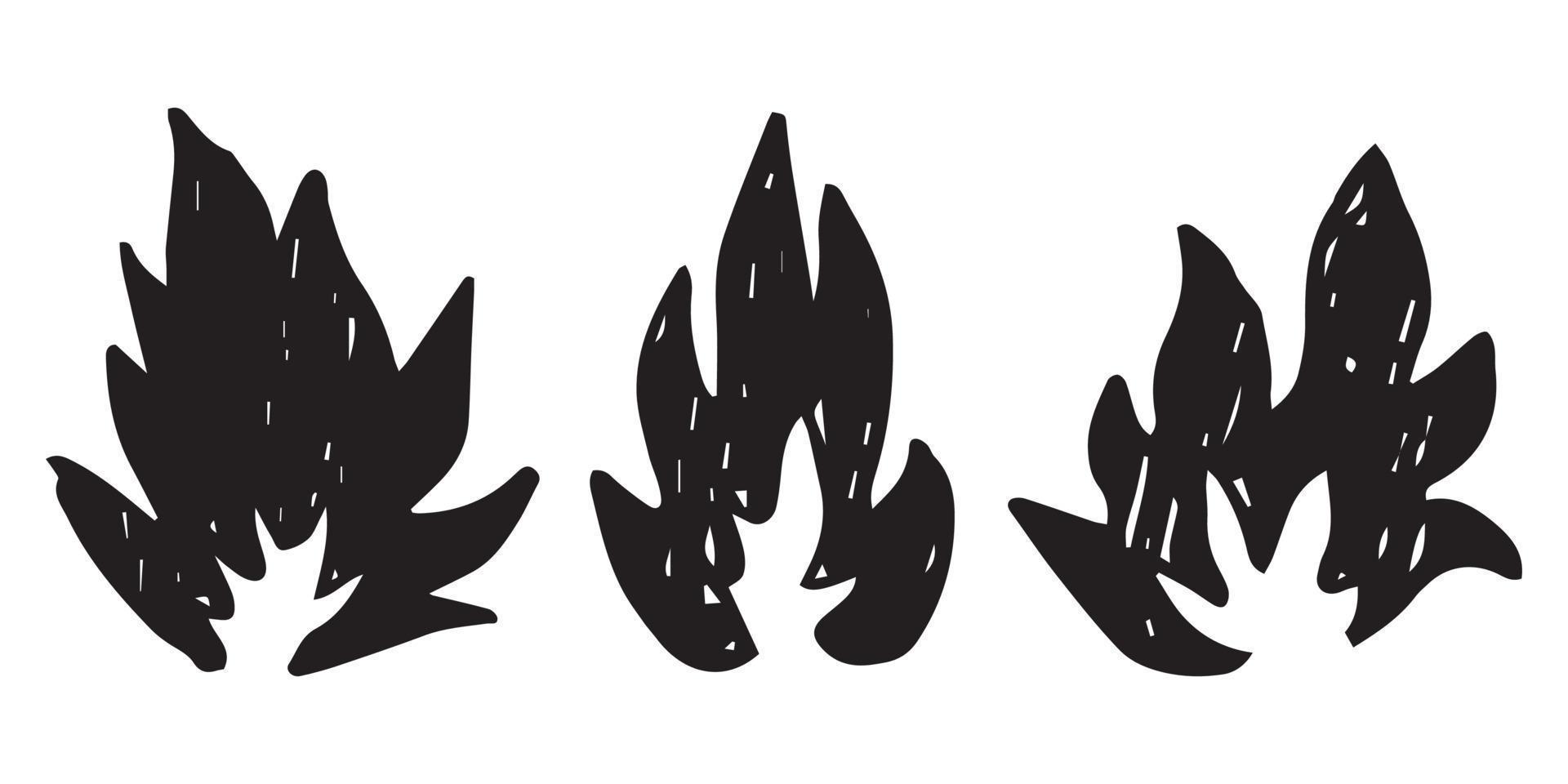 ícones de fogo desenhados à mão. conjunto de vetores de ícones de chamas de fogo. fogo de esboço de doodle desenhado à mão, desenho preto e branco. símbolo de fogo simples.