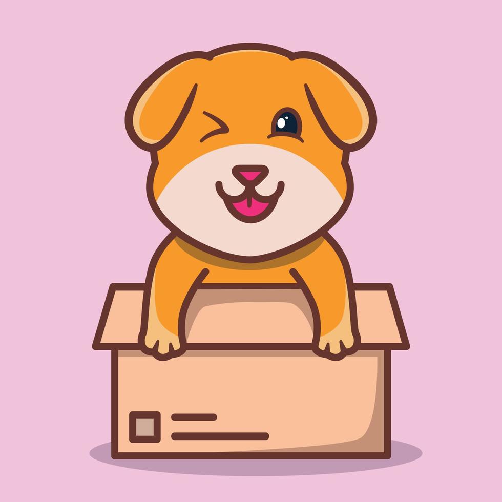 cachorro fofo em uma caixa de papelão marrom vetor