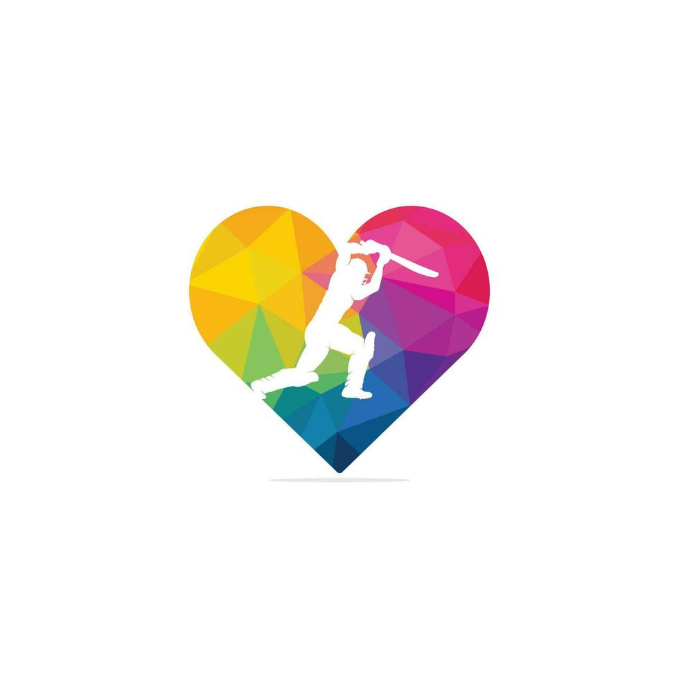 batedor jogando logotipo de conceito de forma de coração de críquete. logotipo da competição de críquete. vetor