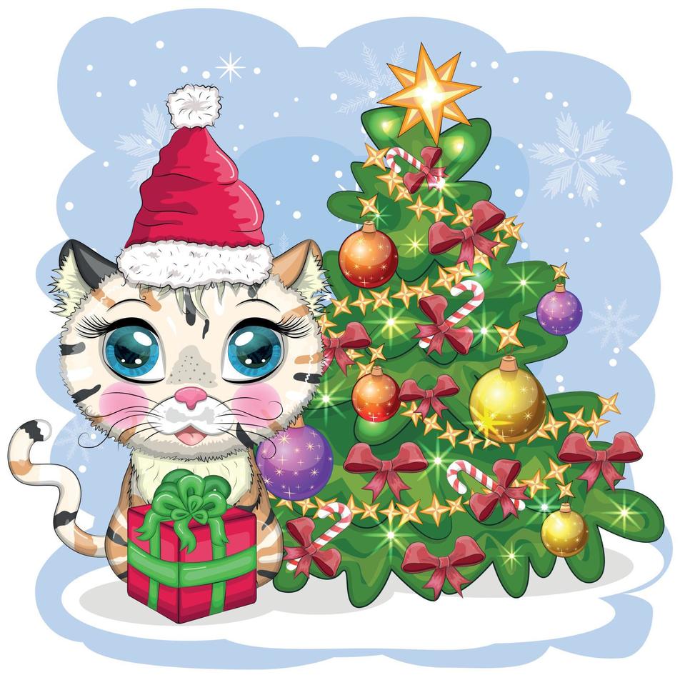 gato bonito dos desenhos animados com chapéu de papai noel perto da árvore de natal decorada. inverno 2023, natal e novo chinês vetor