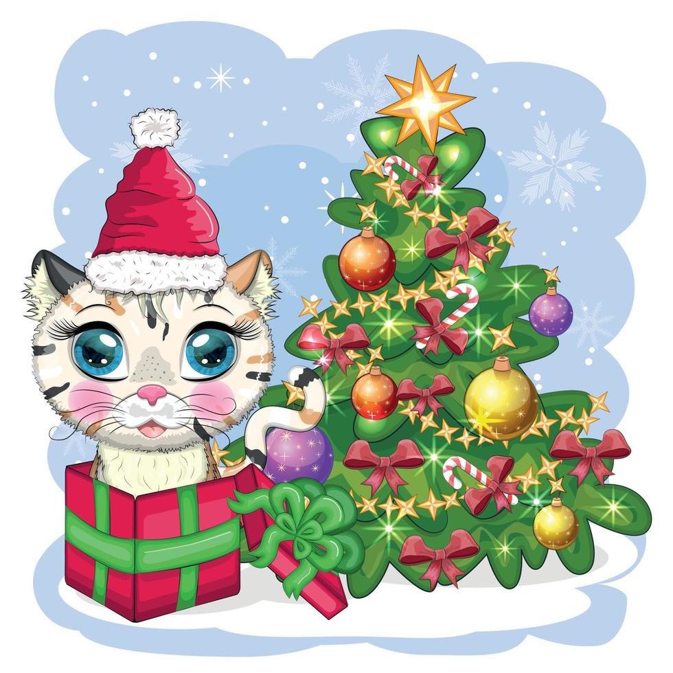 gato bonito dos desenhos animados com chapéu de papai noel perto da árvore de natal decorada. inverno 2023, natal e novo chinês vetor