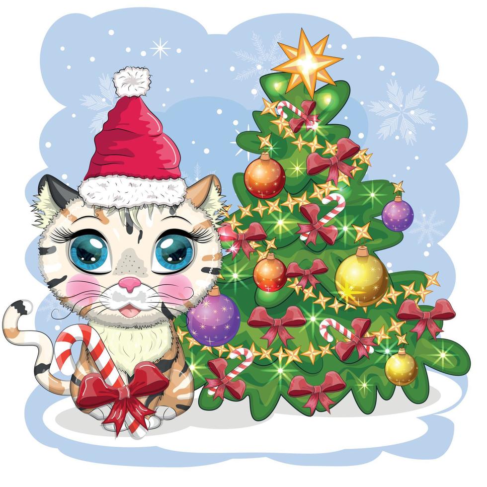 gato bonito dos desenhos animados com chapéu de papai noel perto da árvore de natal decorada. inverno 2023, natal e novo chinês vetor