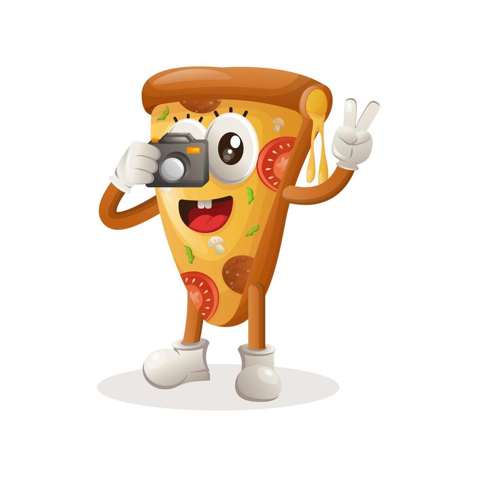 mascote de pizza bonito tirando foto com a câmera vetor