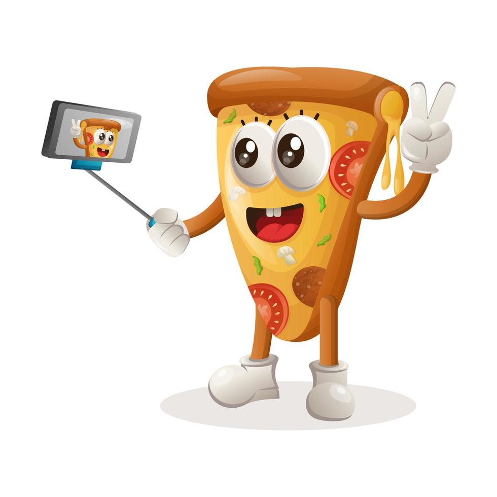 mascote de pizza fofa tira uma selfie com smartphone vetor