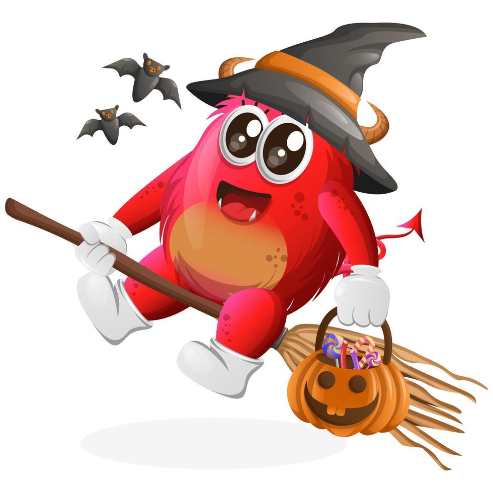 vector bruxa monstro vermelho bonito com segurando a abóbora de halloween