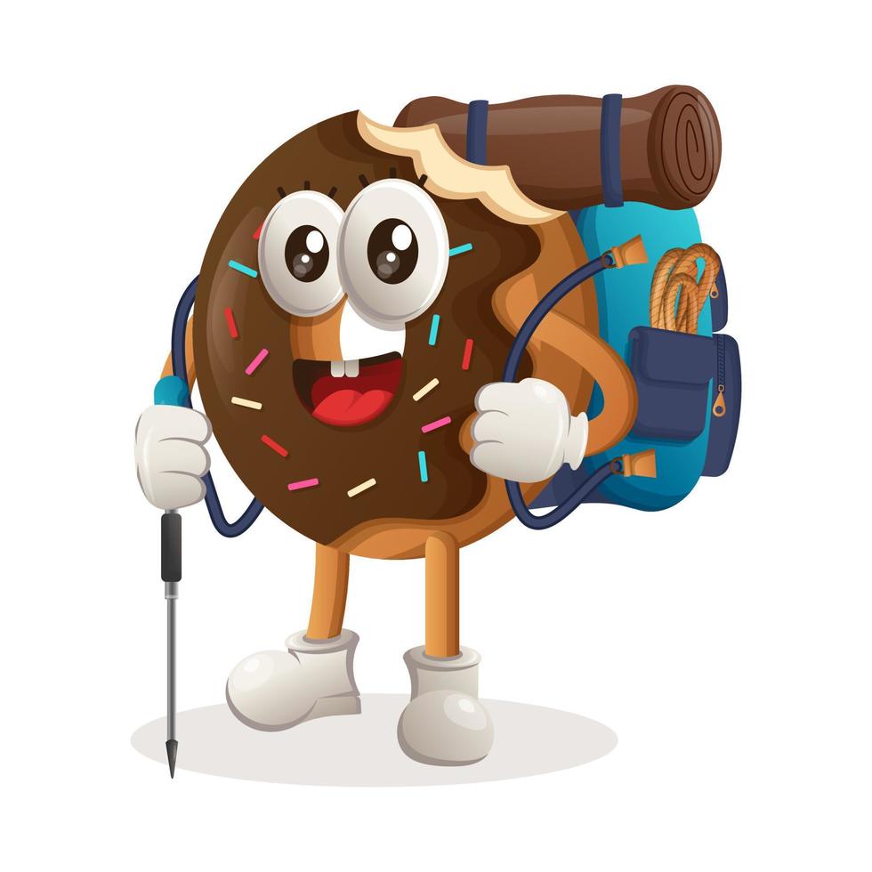 trekking de aventura de mascote de donut fofo vetor