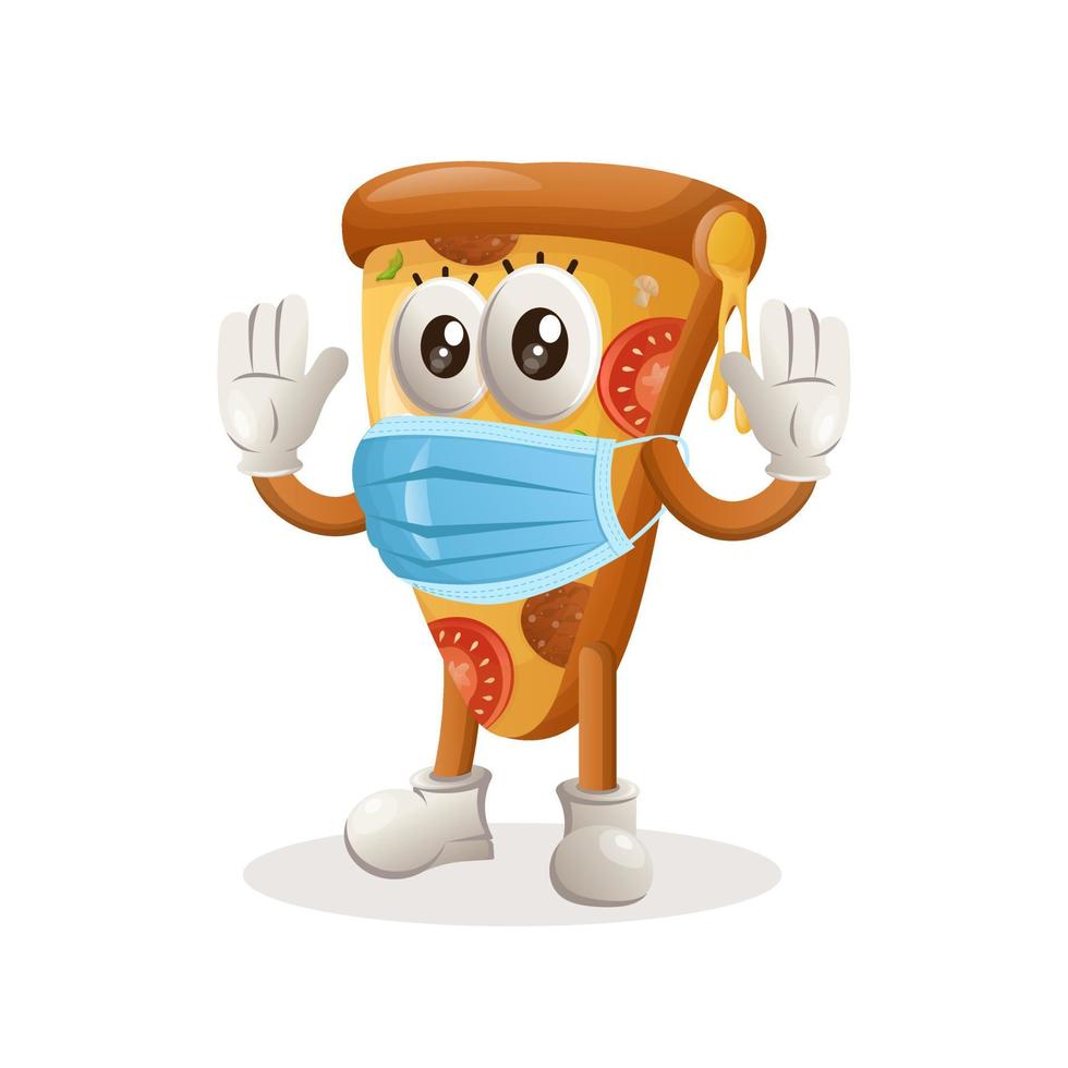 mascote de pizza bonito usando máscara médica, proteger do covid-19 vetor