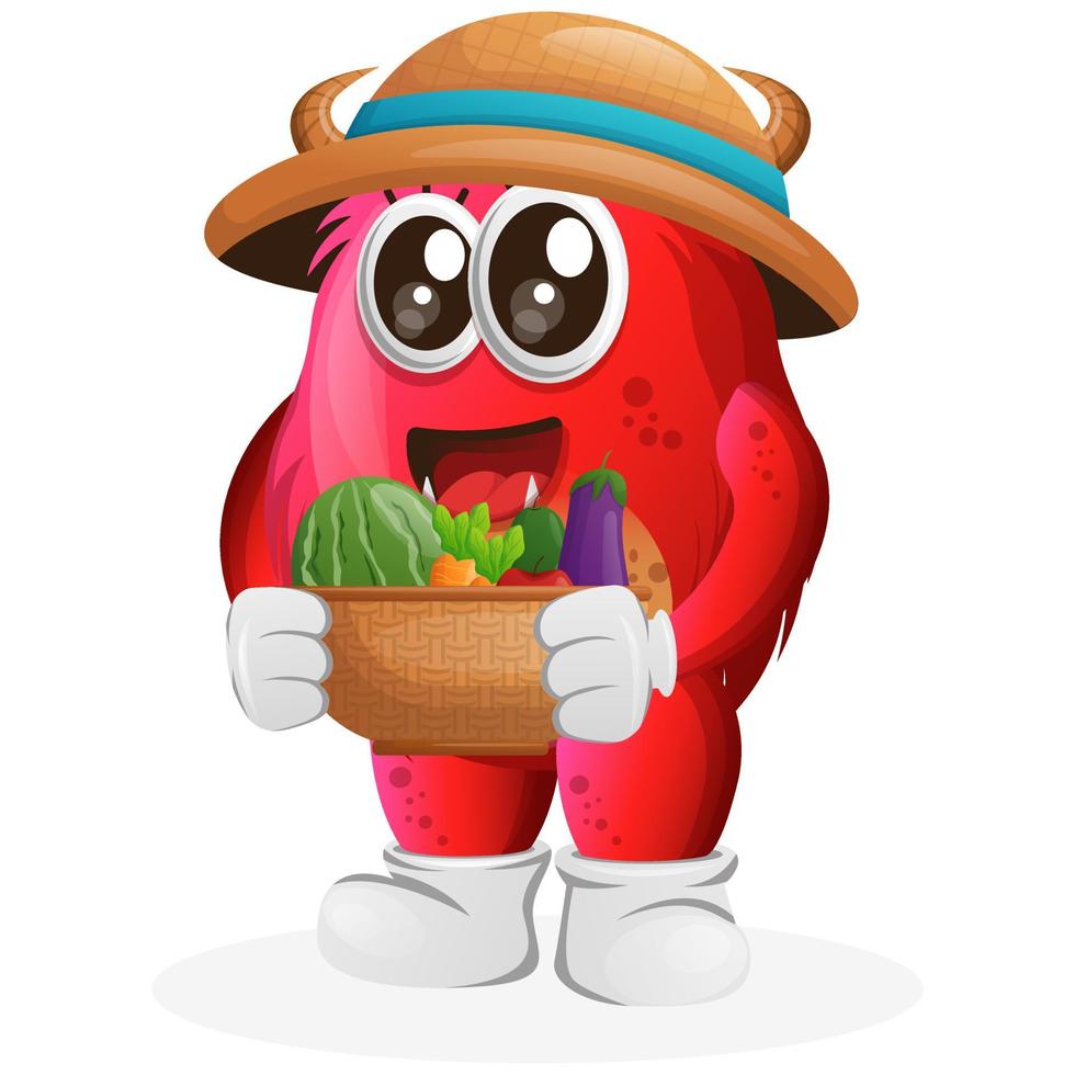 vetor monstro vermelho fofo carrega variedade de frutas e legumes frescos