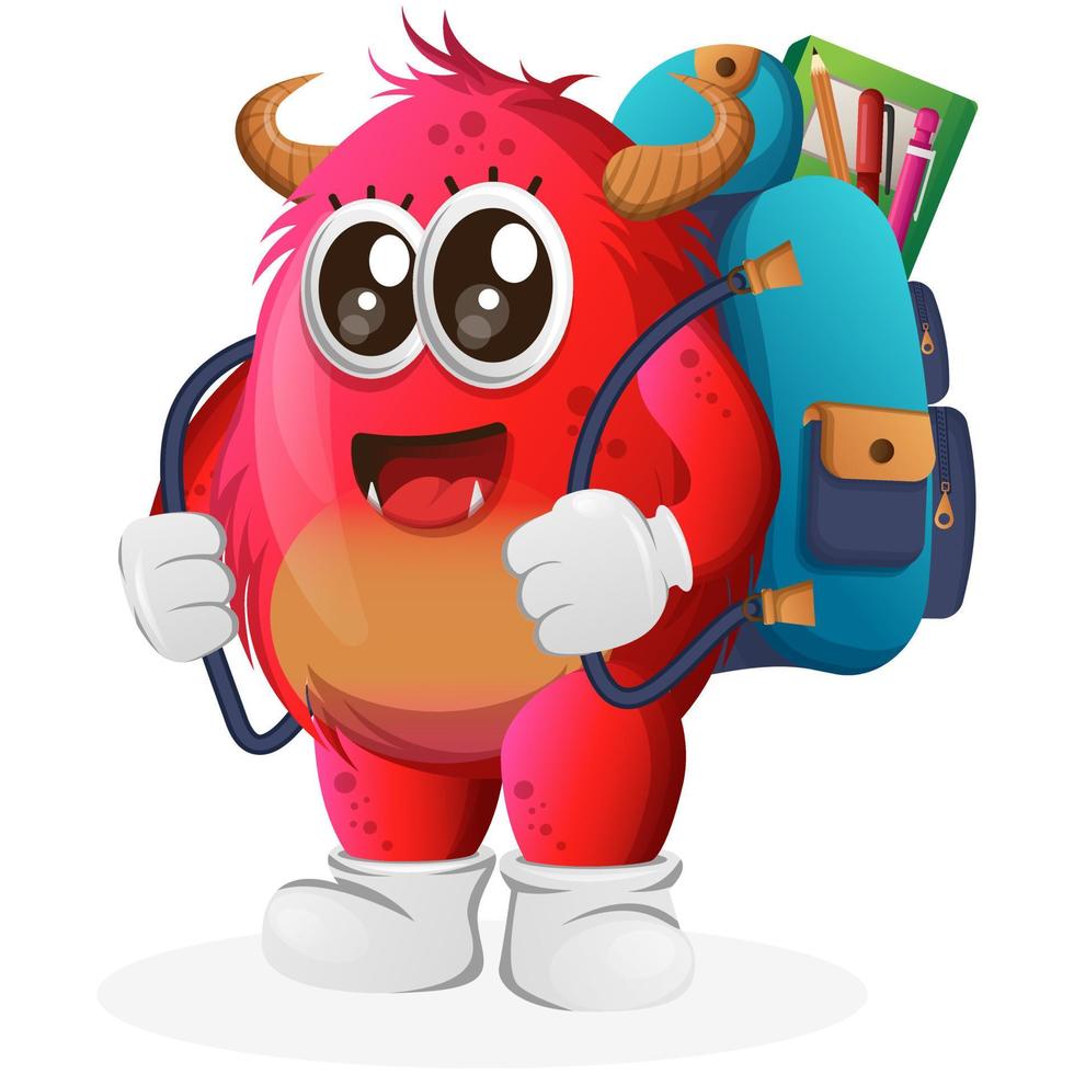 vector monstro vermelho fofo carregando uma mochila, mochila, de volta à escola