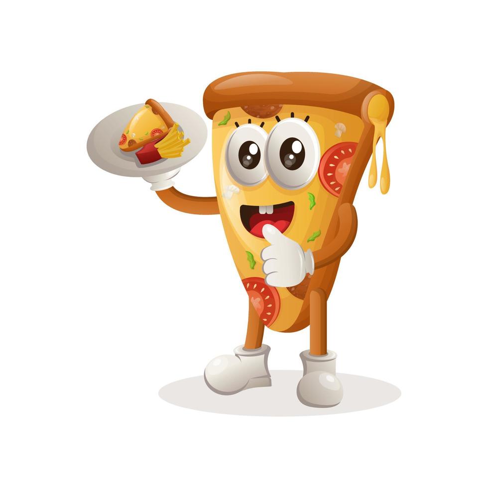 mascote de pizza bonito servindo comida, garçons vetor