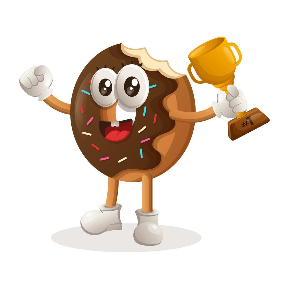 mascote bonito donut ganhando prêmio e comemorando o sucesso vetor