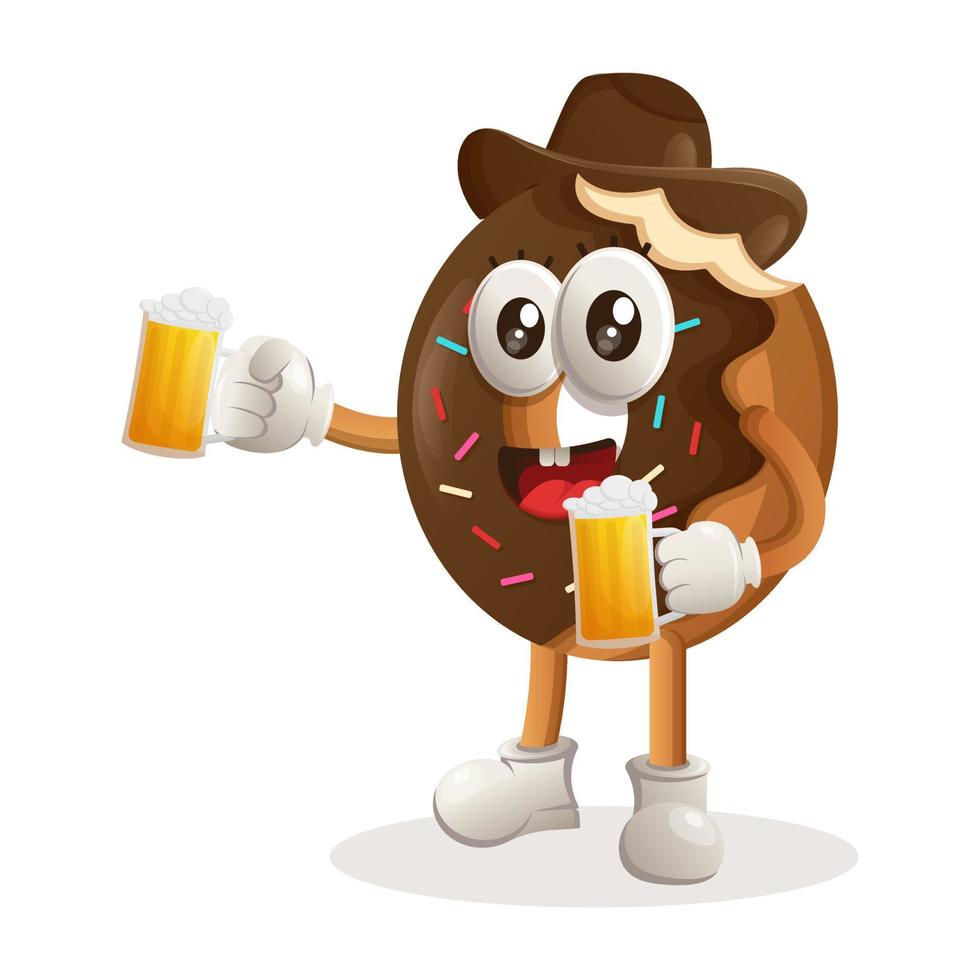 mascote de rosquinha fofa celebra a oktoberfest segurando cerveja vetor