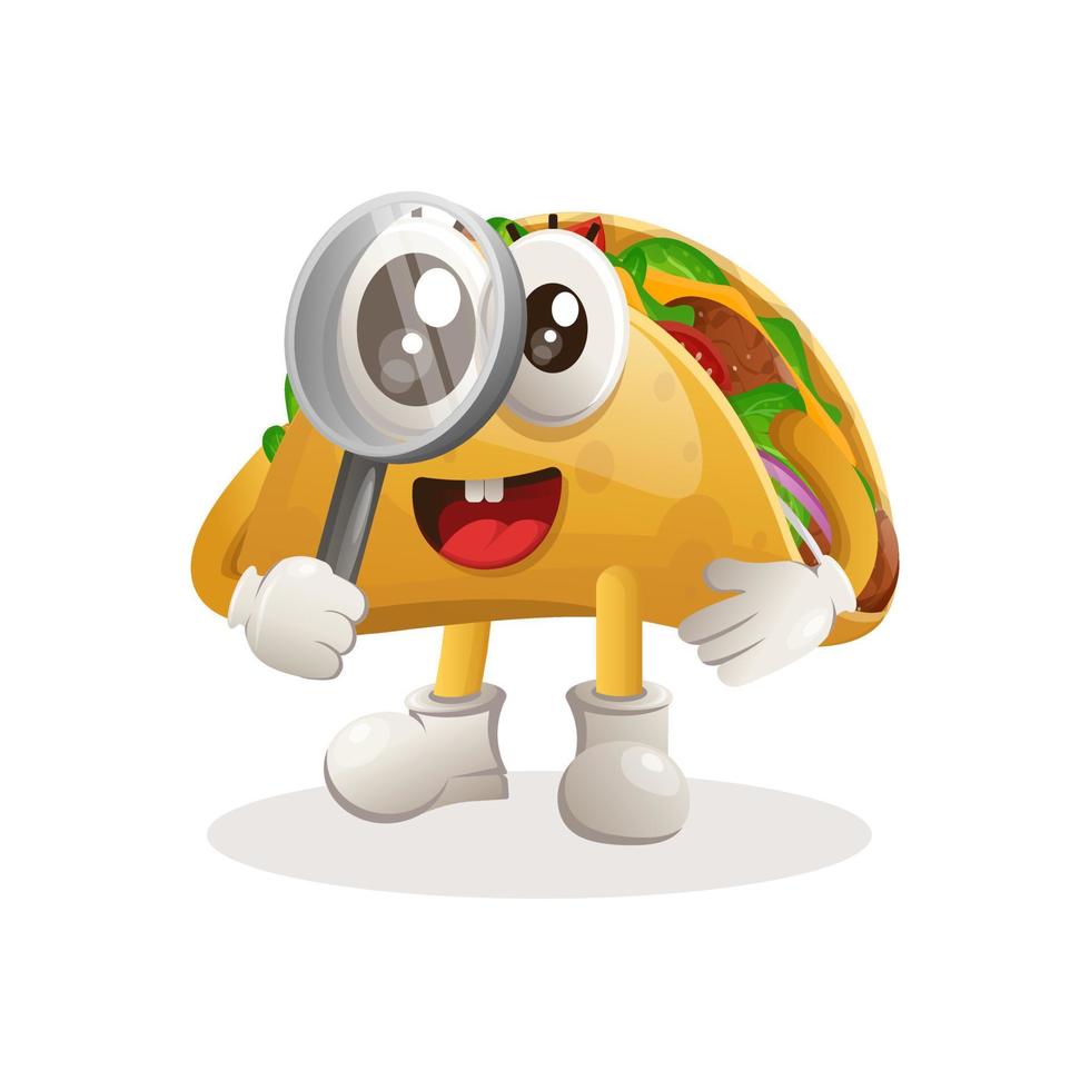 mascote de taco bonito realizando pesquisas, segurando uma lupa vetor