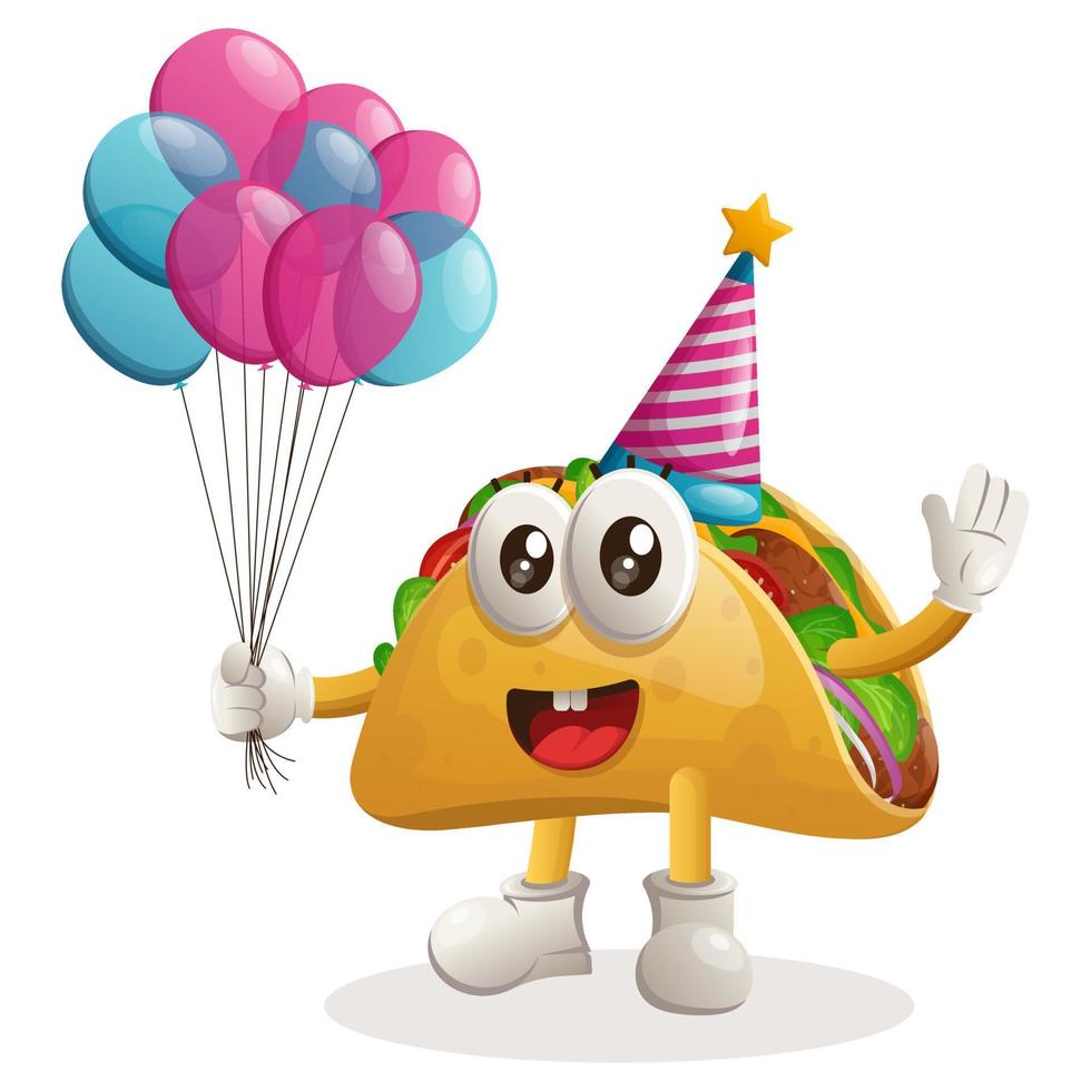 mascote de taco bonito usando um chapéu de aniversário, segurando balões vetor