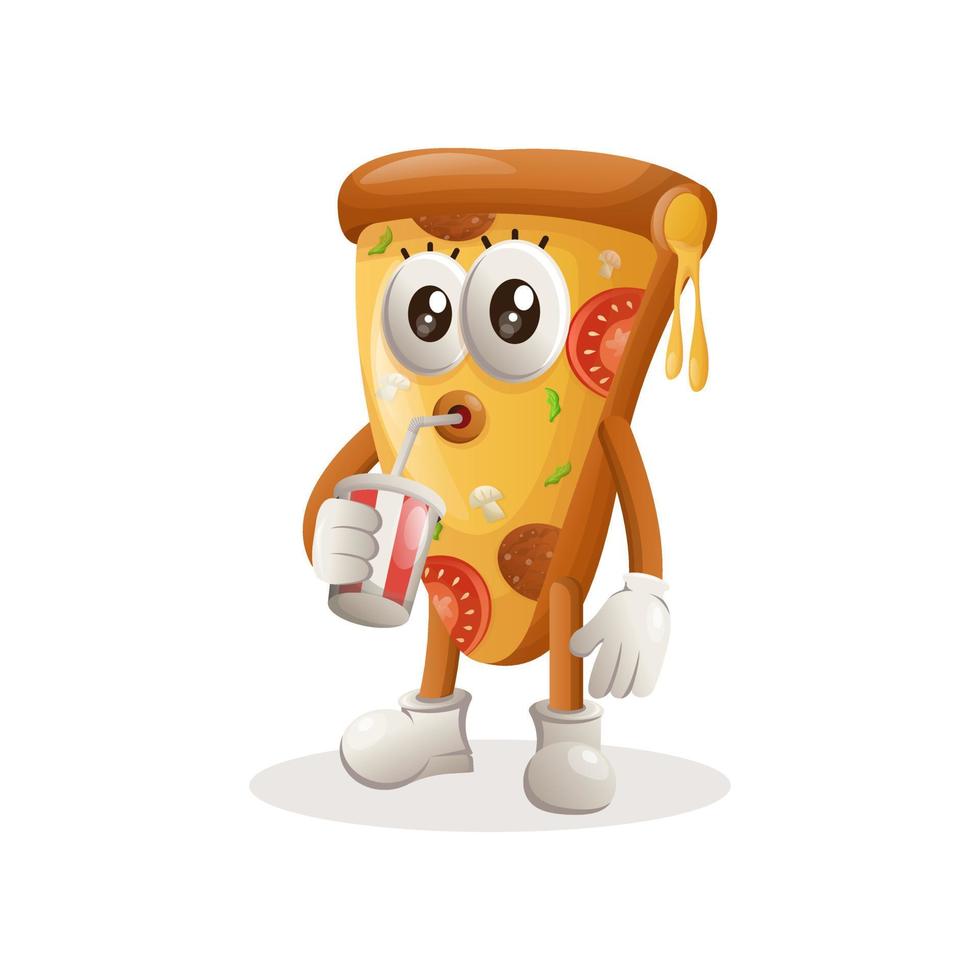 mascote de pizza bonito bebendo refrigerante, cola vetor