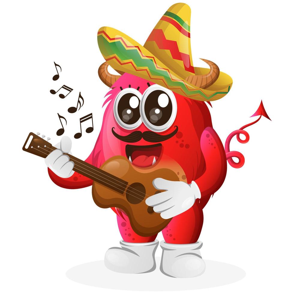 vector monstro vermelho bonito usando chapéu mexicano com tocar guitarra