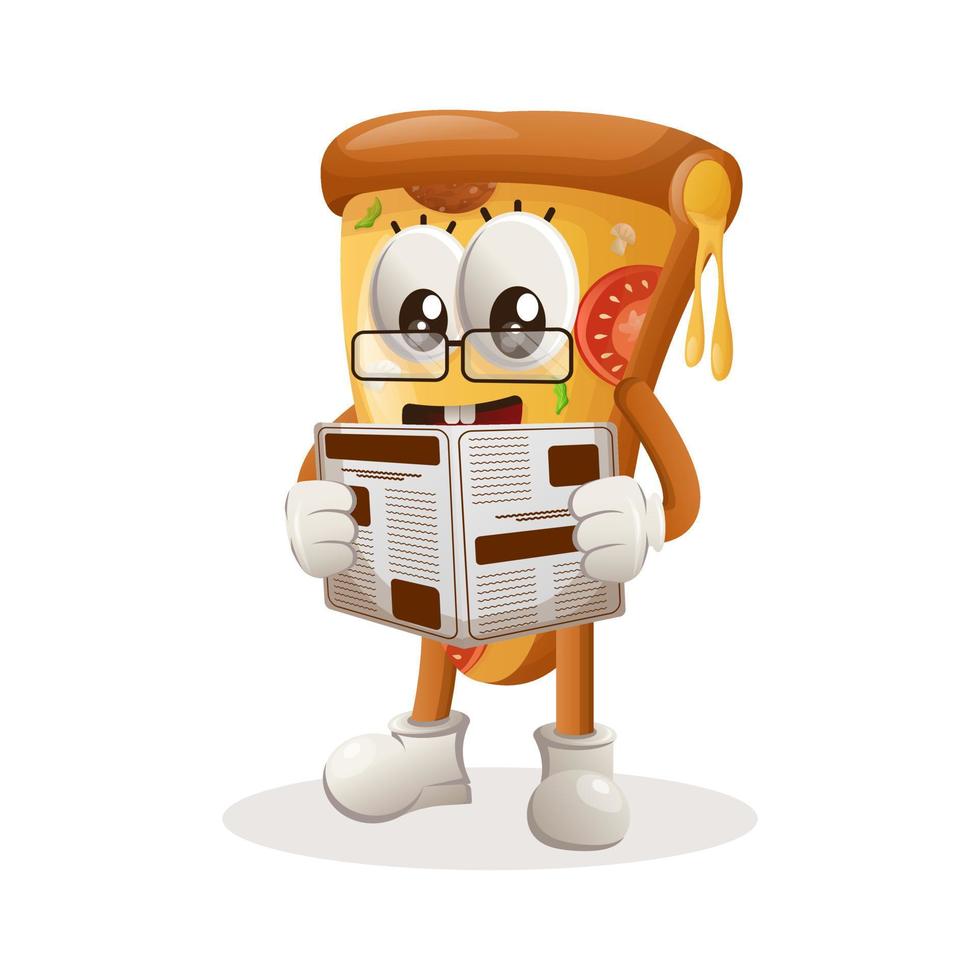 mascote de pizza bonito ler jornais vetor