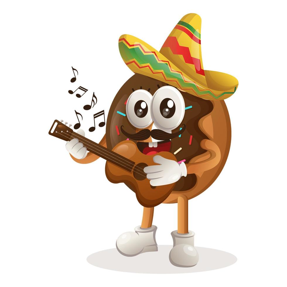 mascote de rosquinha bonitinha usando chapéu mexicano tocando guitarra vetor